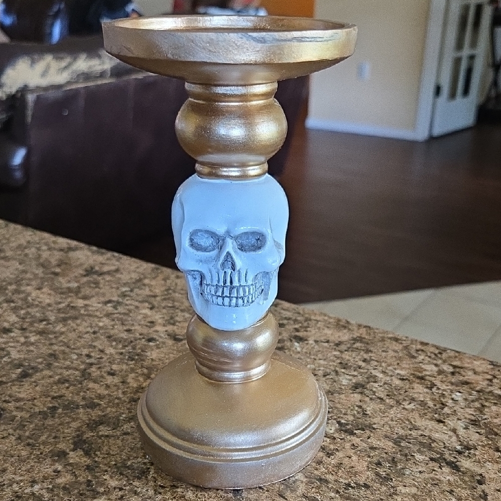 Gold and Blue Skull Candle Holder